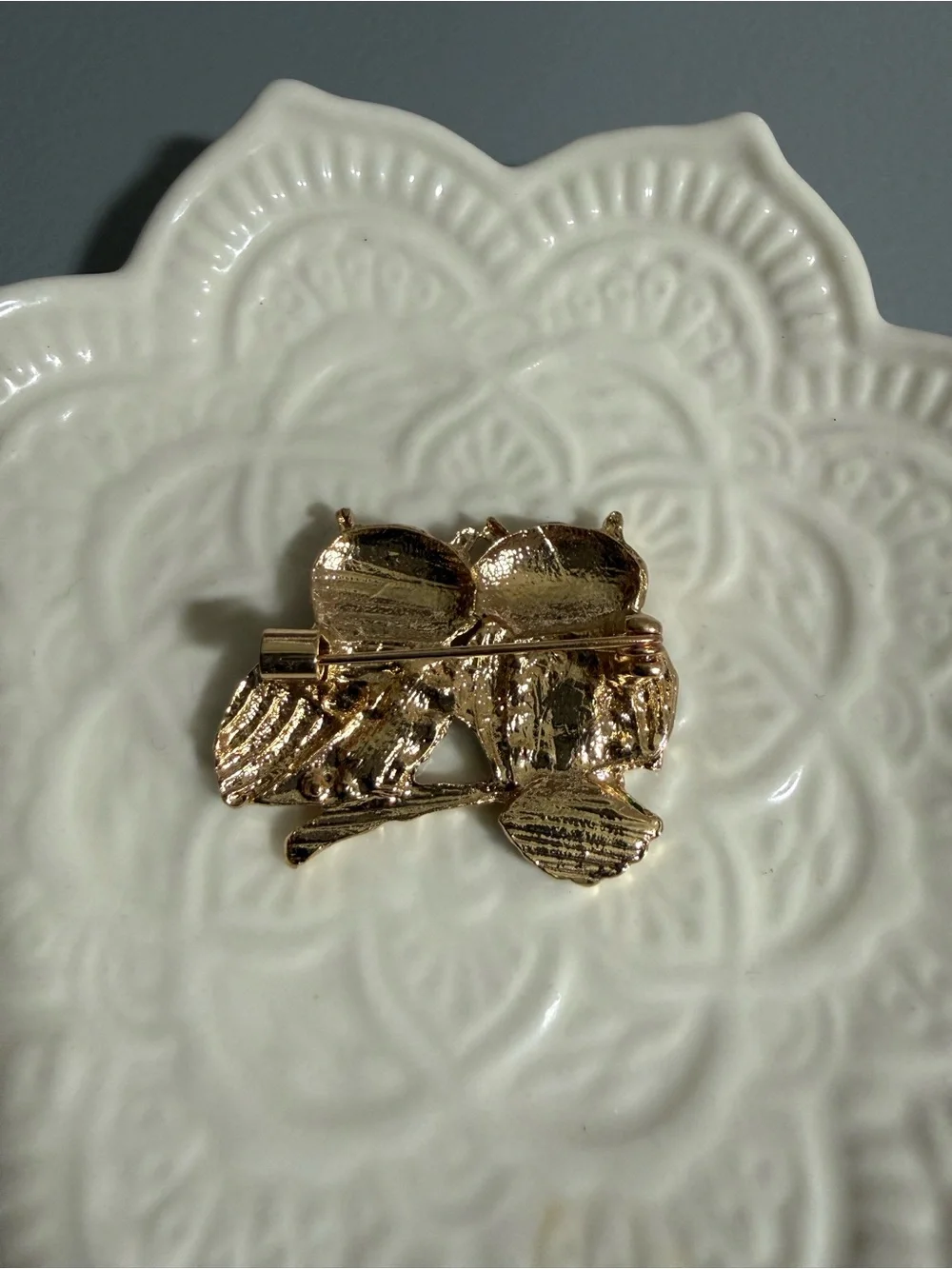 gold-tone owl couple brooch vibrant green blue enamel paired crystal rhinestones